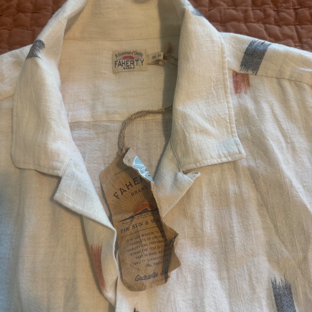 Faherty Brand Mens XXL Short Sleeve Ikat Print Linen Blend Camp Shirt Cream - Picture 9 of 9